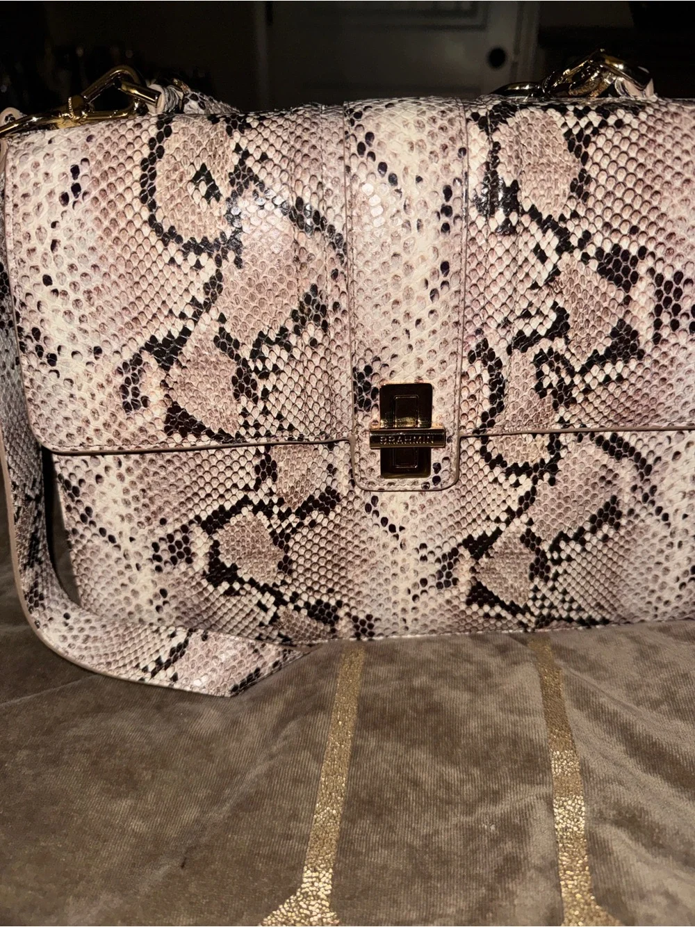 Brahmin Pink and Black Snake-Embossed Satchel with Gold Hardware